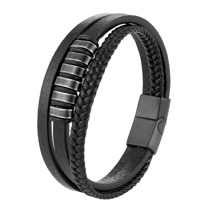 Foviel Simple Titanium Steel Braided Three-layer Leather Buckle Calm Bracelet