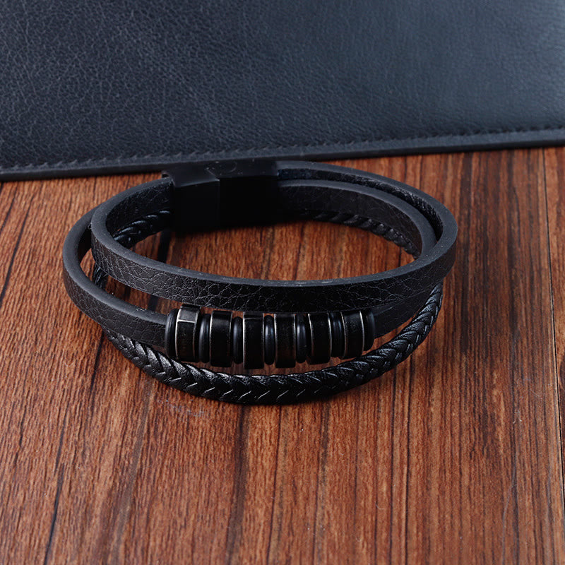 Foviel Simple Titanium Steel Braided Three-layer Leather Buckle Calm Bracelet
