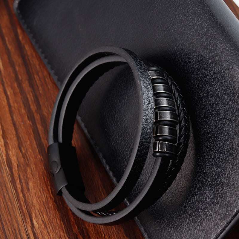 Foviel Simple Titanium Steel Braided Three-layer Leather Buckle Calm Bracelet