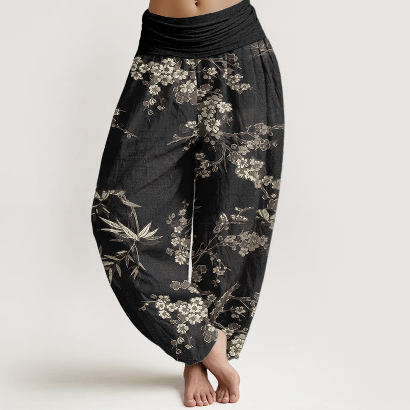 Buddha Stones Pure Cotton White Sakura Flower Pattern Women's Elastic Waist Harem Pants - Black - US22,UK/AU26,EU54 (6XL) - image 9