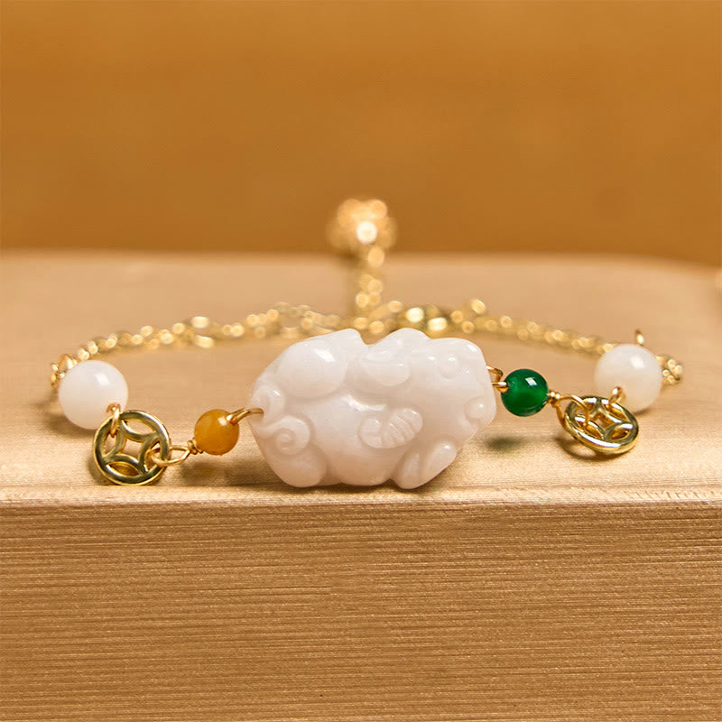 Foviel Natural Jade PiXiu Carved Copper Coin Luck Chain Bracelet