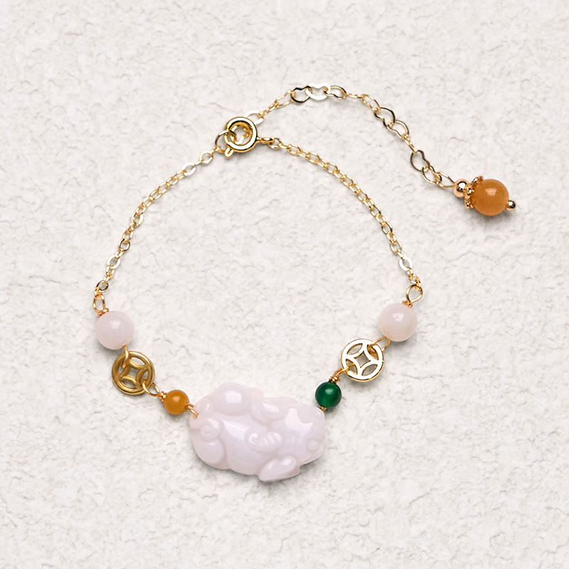 Foviel Natural Jade PiXiu Carved Copper Coin Luck Chain Bracelet
