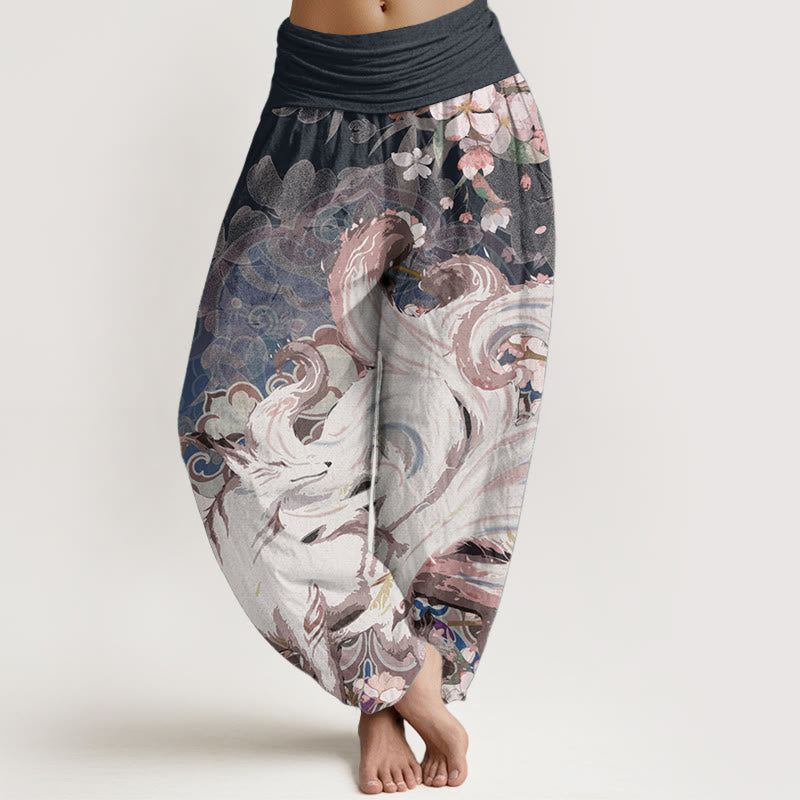 Buddha Stones Pure Cotton Fox Cherry Blossoms Women's Elastic Waist Harem Pants - MidnightBlue - US22,UK/AU26,EU54 (6XL) - image 0