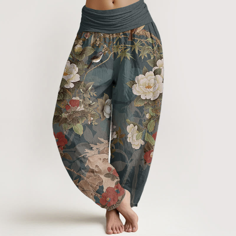Foviel reine Baumwolle Casual Pfingstrose Blätter Magpie Damen elastische Taille Harem Hose