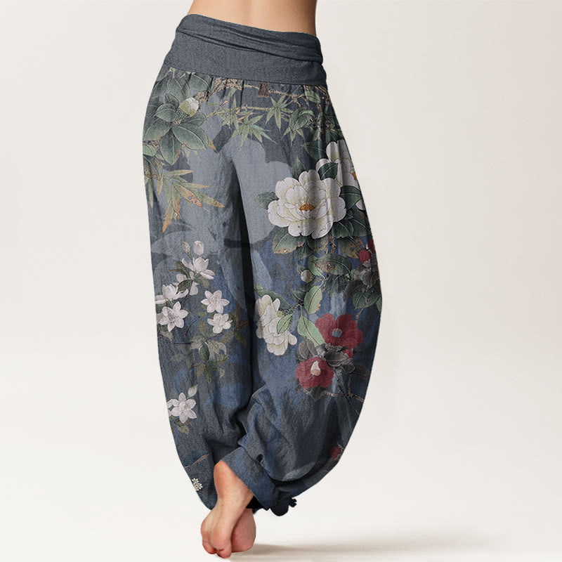 Foviel Pure Cotton Casual Peony Flowers Leaves Magpie Women's Elastic Waist Harem Pants