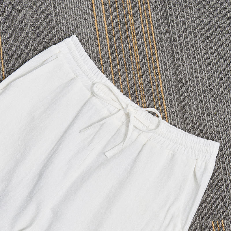 Buddha Stones White Lace Patchwork Design Women's Cotton Linen Pants With Pockets - image 2