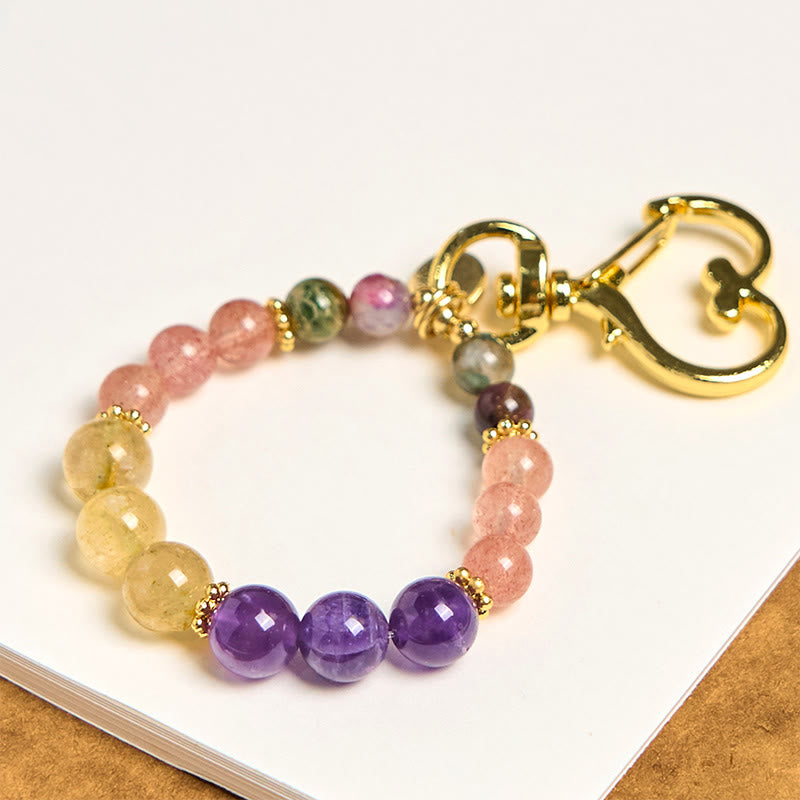 Porte-clés décoratif Foviel en perles de quartz fraise, améthyste et citrine naturelle, motif amour