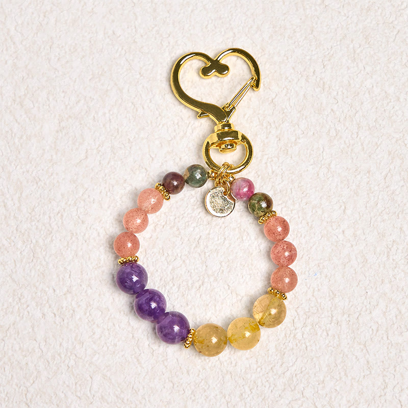 Porte-clés décoratif Foviel en perles de quartz fraise, améthyste et citrine naturelle, motif amour