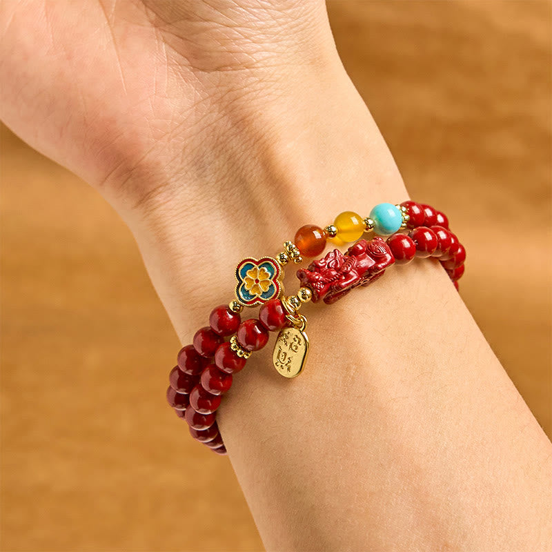Foviel Cinnabar PiXiu Fu Character Blessing Double Wrap Bracelet
