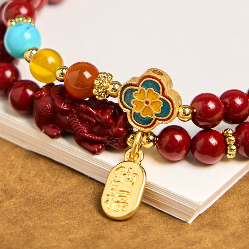 Foviel Cinnabar PiXiu Fu Character Blessing Double Wrap Bracelet