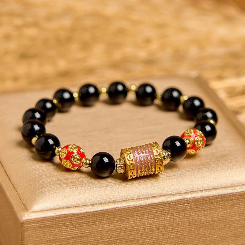 Bracelet porte-bonheur Foviel en onyx noir naturel avec cinq pièces de monnaie en cuivre gravées d'écritures