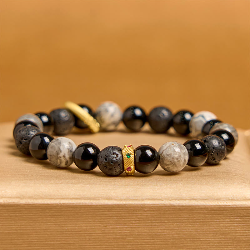 Foviel Lava Rock Black Onyx Picasso Jasper spirituell Armband
