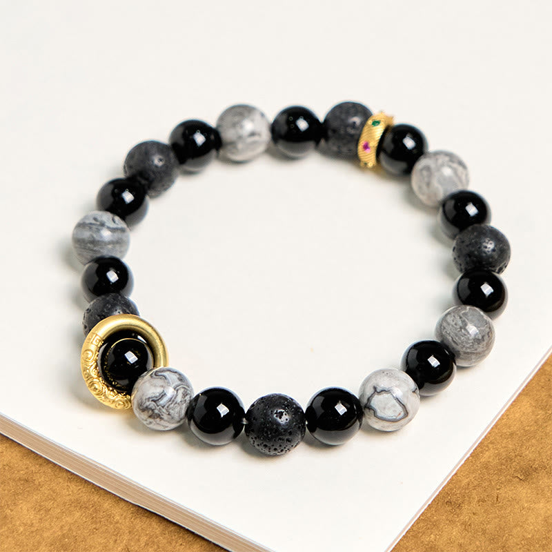 Foviel Lava Rock Black Onyx Picasso Jasper spirituell Armband