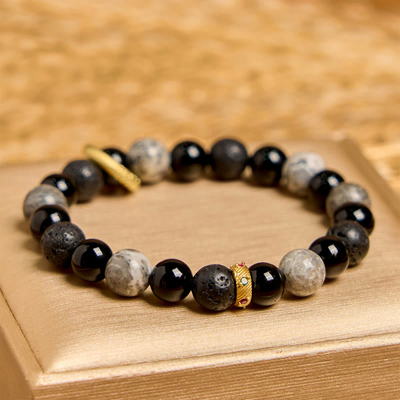Foviel Lava Rock Black Onyx Picasso Jasper spirituell Armband