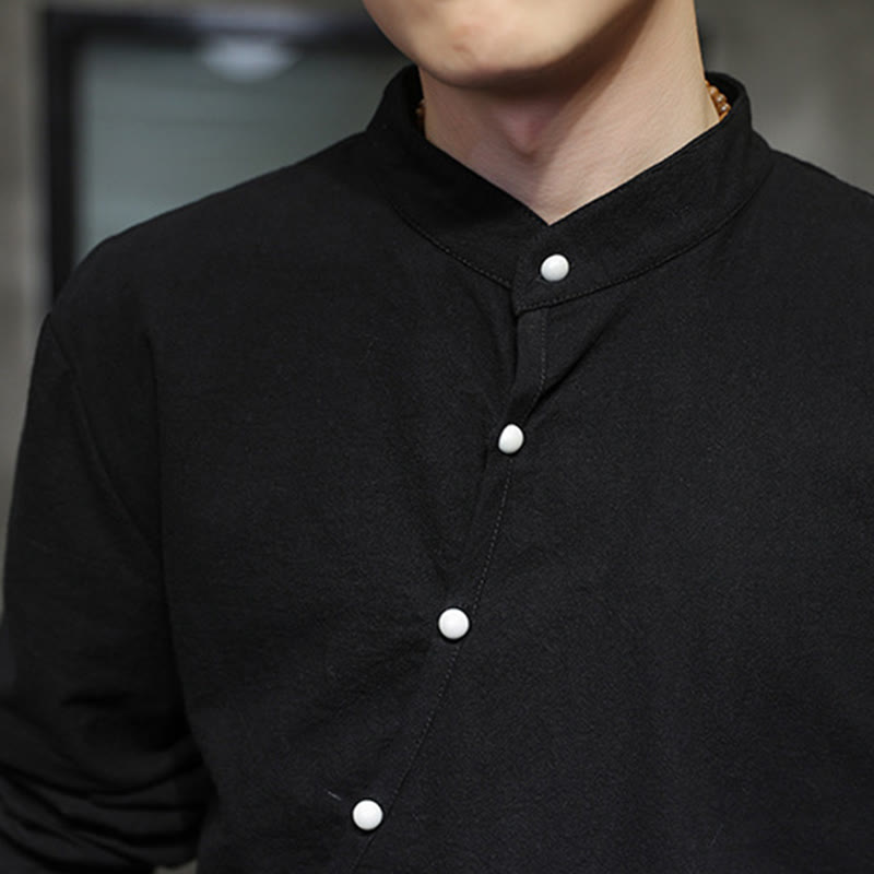 Buddha Stones Plain Lace-Up Simple Button Design Men's Long Sleeve Cotton Linen Shirt Clothing - image 8