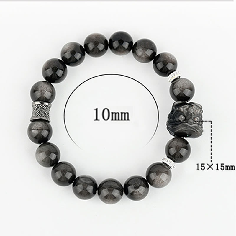 Foviel Natural Silver Sheen Obsidian Lion Dance Protection Bracelet