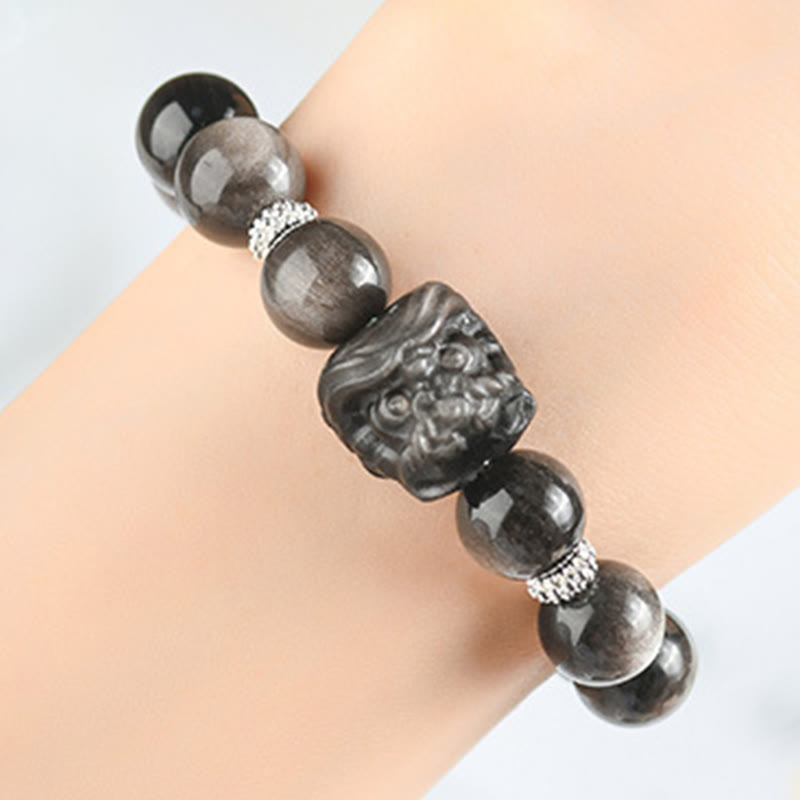 Foviel Natural Silver Sheen Obsidian Lion Dance Protection Bracelet