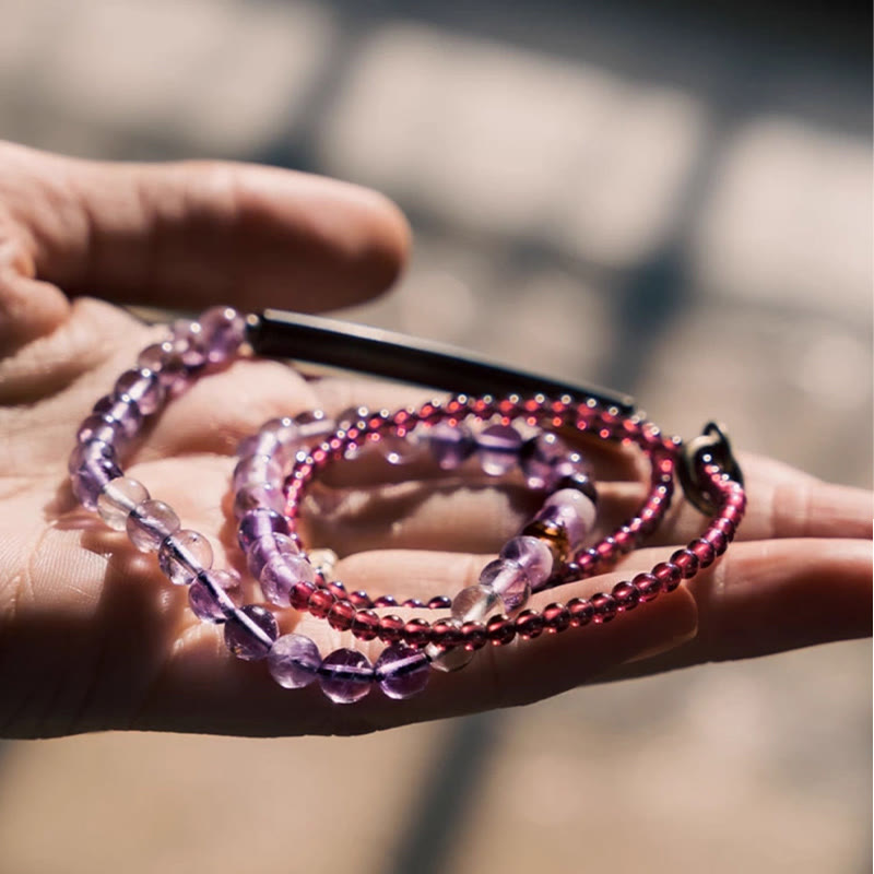 Foviel Retro 6mm Amethyst 4mm Garnet Multilayer Balance Bracelet