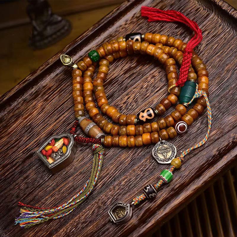 Mala Foviel tibétain de 108 perles en os de chameau avec pompon porte-bonheur