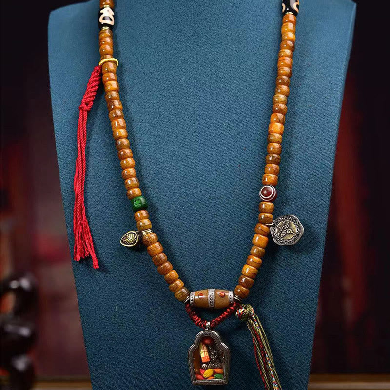 Mala Foviel tibétain de 108 perles en os de chameau avec pompon porte-bonheur