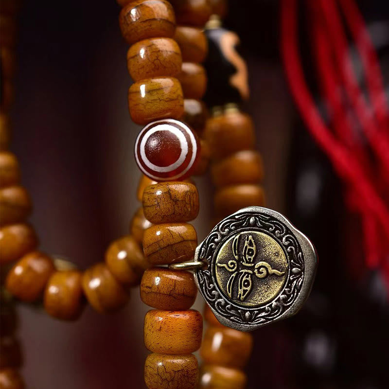 Mala Foviel tibétain de 108 perles en os de chameau avec pompon porte-bonheur