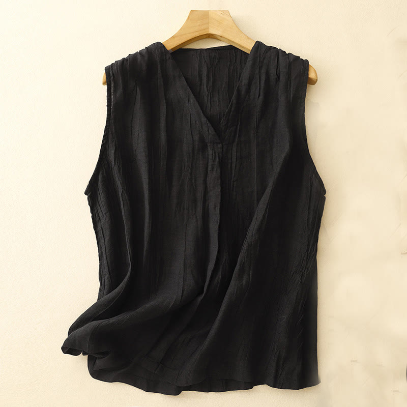 Buddha Stones Casual Summer Pure Color Pleated Design Sleeveless Women's Cotton Linen V-Neck Vest Cardigan - Black - US8-10,UK/AU12-14,EU40-42 (2XL) - image 9