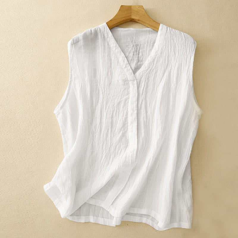 Buddha Stones Casual Summer Pure Color Pleated Design Sleeveless Women's Cotton Linen V-Neck Vest Cardigan - White - US8-10,UK/AU12-14,EU40-42 (2XL) - image 13
