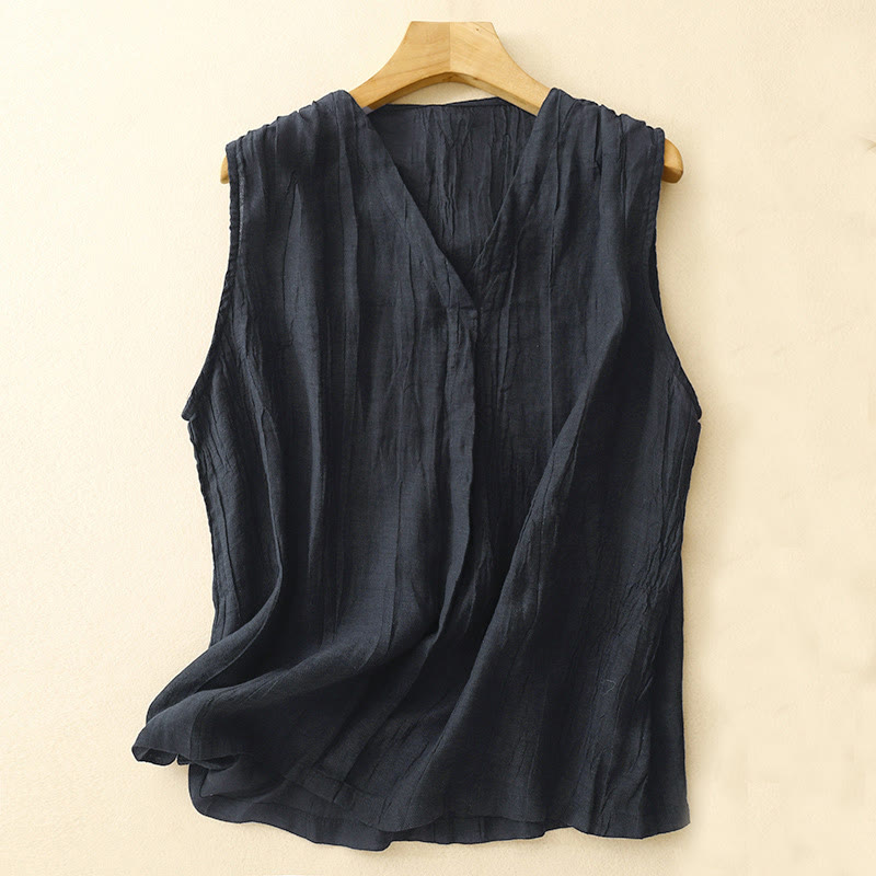 Buddha Stones Casual Summer Pure Color Pleated Design Sleeveless Women's Cotton Linen V-Neck Vest Cardigan - Navy - US8-10,UK/AU12-14,EU40-42 (2XL) - image 5