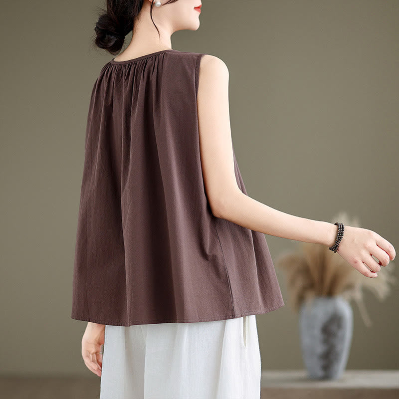 Foviel Summer Artistic Solid Color Pleated Crew Neck Design Women's Cotton Linen Vest