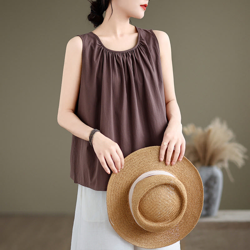 Foviel Summer Artistic Solid Color Pleated Crew Neck Design Women's Cotton Linen Vest