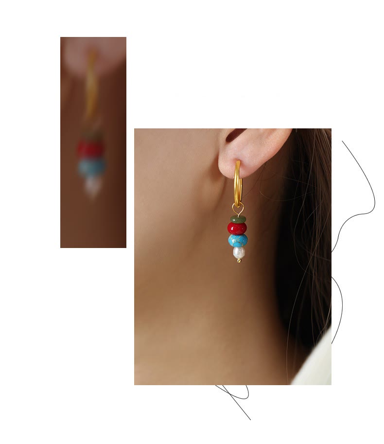 Boucles d'oreilles Foviel en acier titane avec perles en agate rouge naturelle et design de pierre Marnyi tibétaine, symbole de confiance