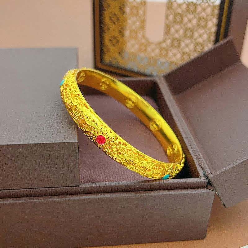 Bracelet jonc Foviel plaqué or avec fleurs et feuilles porte-bonheur