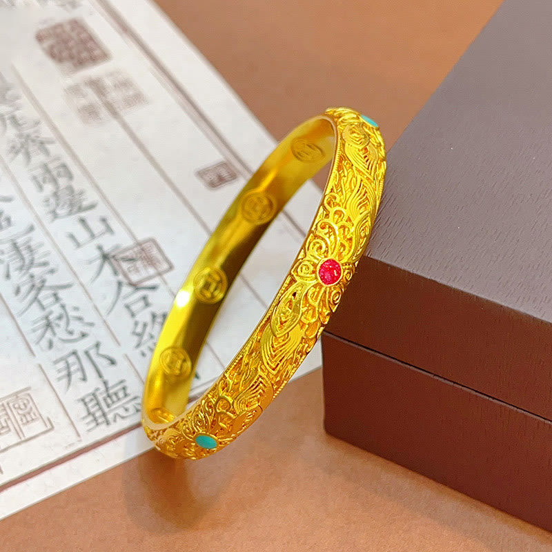 Bracelet jonc Foviel plaqué or avec fleurs et feuilles porte-bonheur