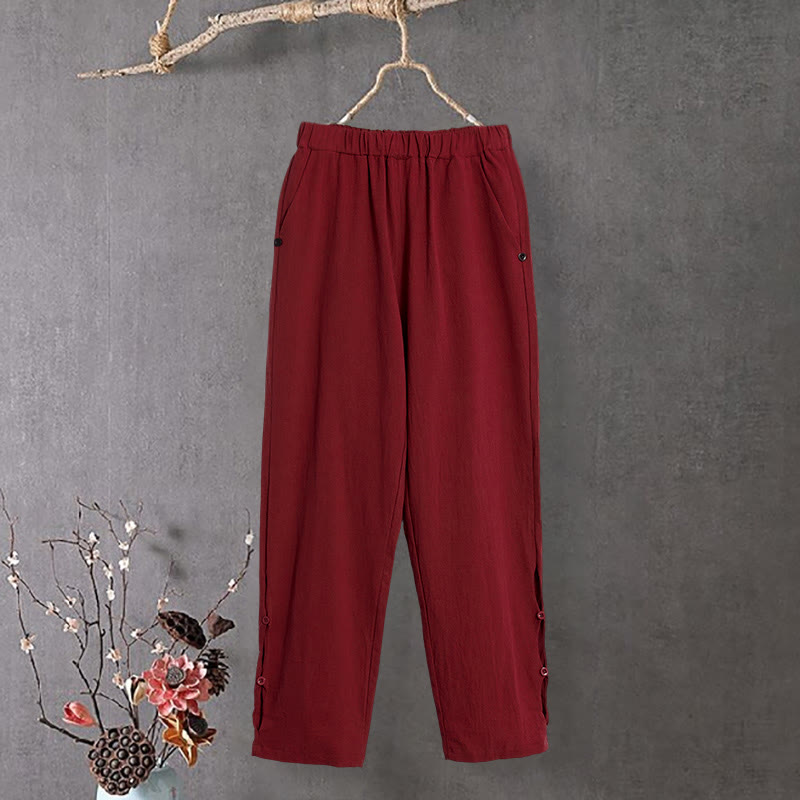 Buddha Stones Casual Pure Color Hollow Button Cuff Design Women's Cotton Linen Pants With Pockets - FireBrick - US14,UK/AU18,EU46 (3XL) - image 12