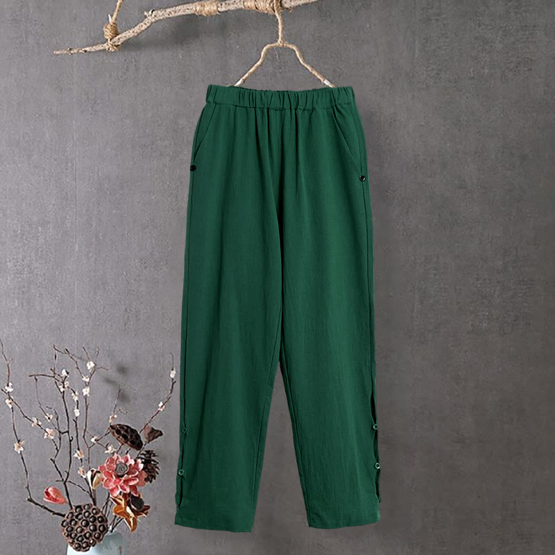 Buddha Stones Casual Pure Color Hollow Button Cuff Design Women's Cotton Linen Pants With Pockets - Green - US14,UK/AU18,EU46 (3XL) - image 19