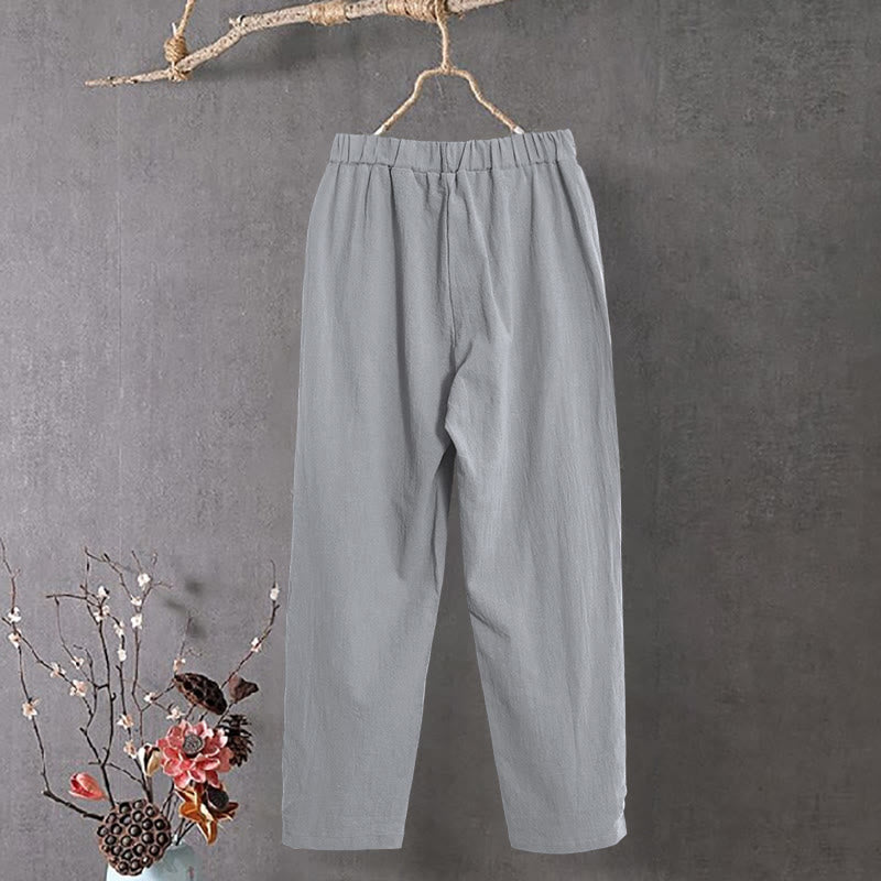 Buddha Stones Casual Pure Color Hollow Button Cuff Design Women's Cotton Linen Pants With Pockets - image 23