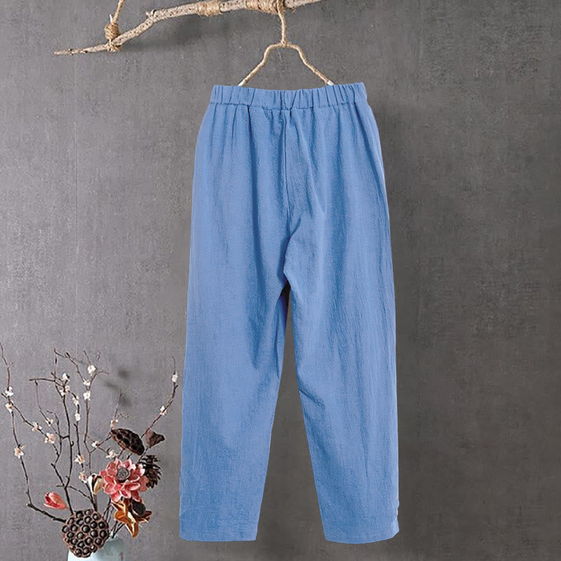 Buddha Stones Casual Pure Color Hollow Button Cuff Design Women's Cotton Linen Pants With Pockets - image 17