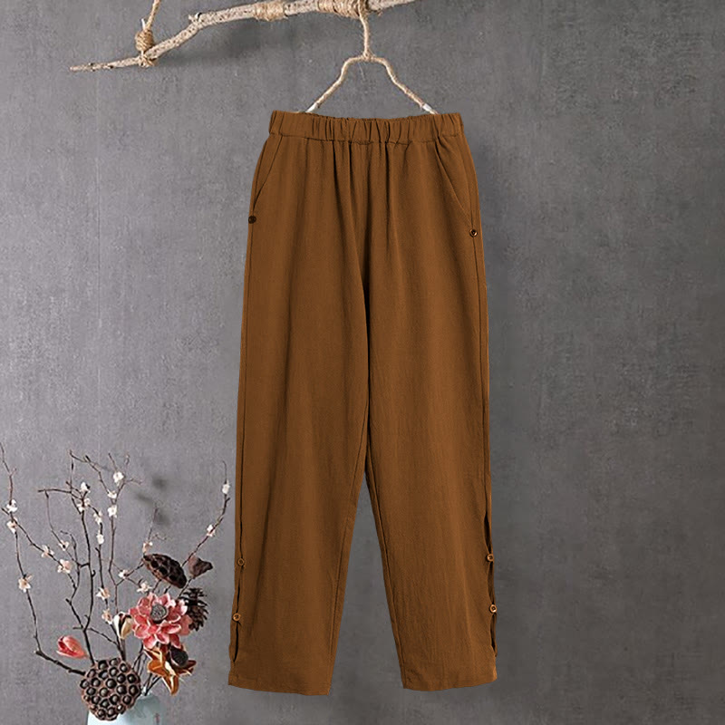 Buddha Stones Casual Pure Color Hollow Button Cuff Design Women's Cotton Linen Pants With Pockets - DarkGoldenrod - US14,UK/AU18,EU46 (3XL) - image 7