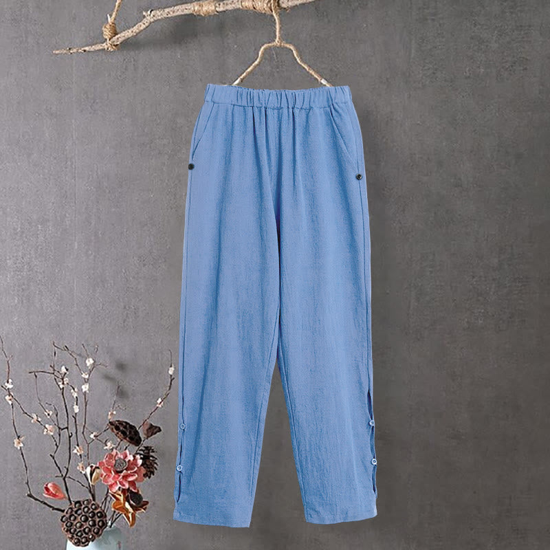 Buddha Stones Casual Pure Color Hollow Button Cuff Design Women's Cotton Linen Pants With Pockets - image 15
