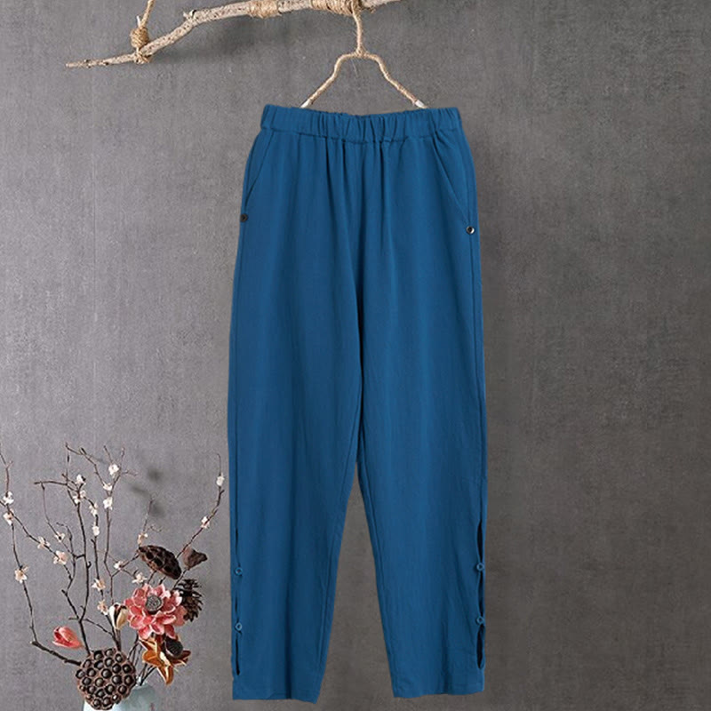 Buddha Stones Casual Pure Color Hollow Button Cuff Design Women's Cotton Linen Pants With Pockets - SteelBlue - US14,UK/AU18,EU46 (3XL) - image 25