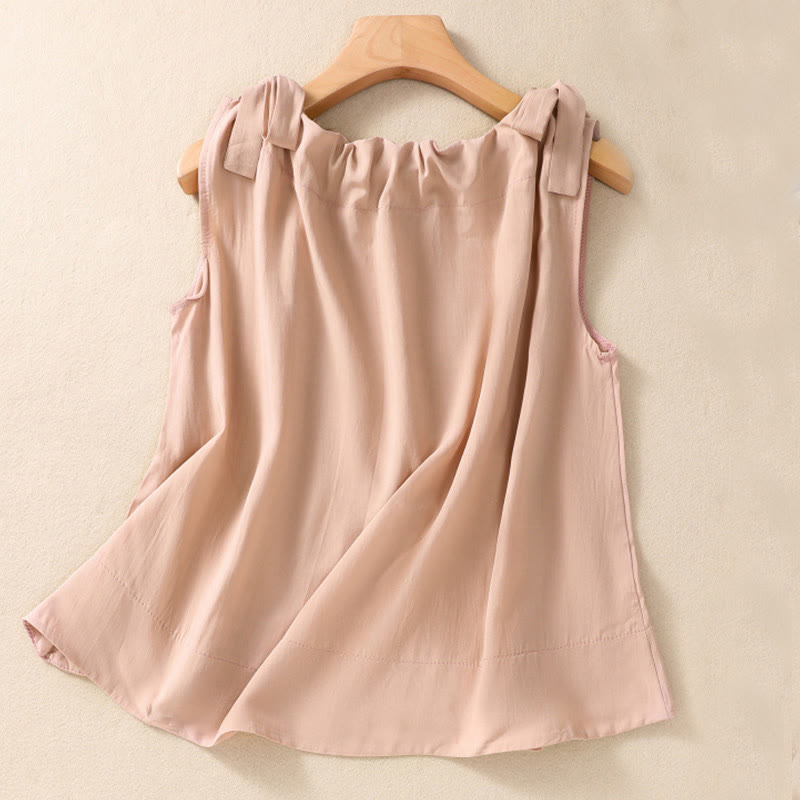 Buddha Stones Summer Solid Color Lace-up Patchwork Design Sleeveless Pleated Crew Neck Women's Cotton Vest - DarkSalmon - US12,UK/AU16,EU44 (2XL) - image 0