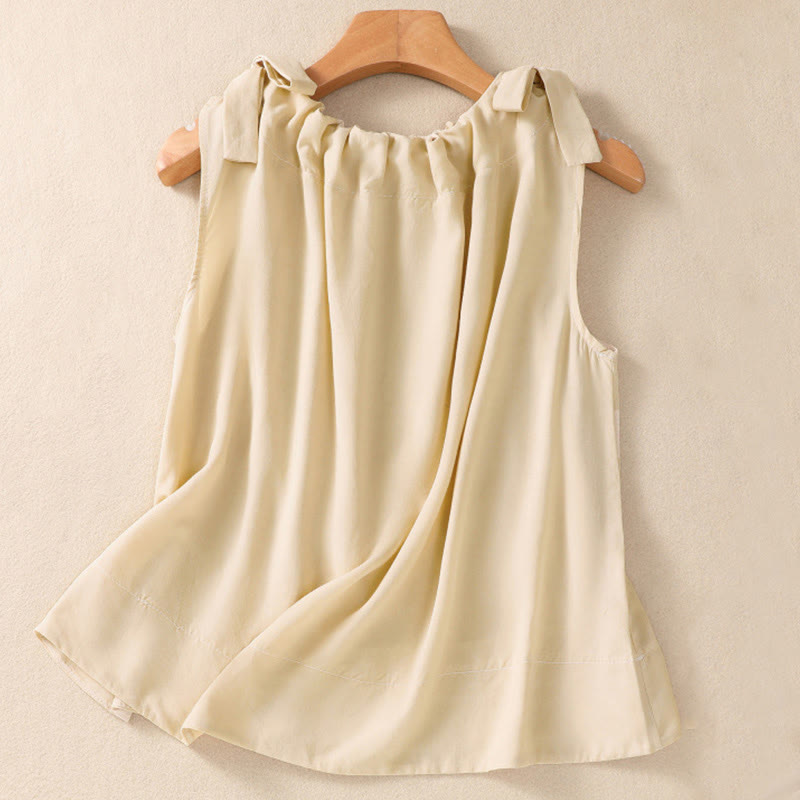 Buddha Stones Summer Solid Color Lace-up Patchwork Design Sleeveless Pleated Crew Neck Women's Cotton Vest - LemonChiffon - US12,UK/AU16,EU44 (2XL) - image 8