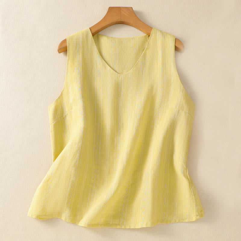 Buddha Stones Vintage Summer Solid Color Simple Design V-Neck Women's Cotton Sleeveless Vest - Khaki - US8-10,UK/AU12-14,EU40-42 (2XL) - image 0