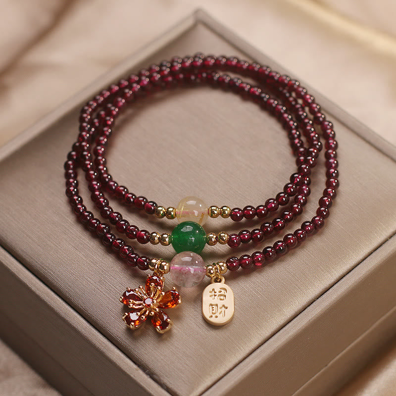 Foviel Natural 3mm Ultra-thin Garnet Beads Cherry Blossom Flower Attract Fortune Protection Multilayer Bracelet