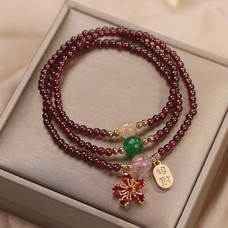 Foviel Natural 3mm Ultra-thin Garnet Beads Cherry Blossom Flower Attract Fortune Protection Multilayer Bracelet
