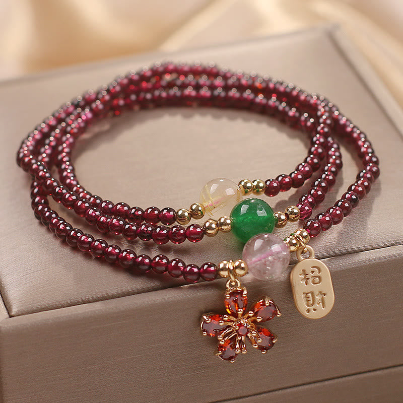 Foviel Natural 3mm Ultra-thin Garnet Beads Cherry Blossom Flower Attract Fortune Protection Multilayer Bracelet