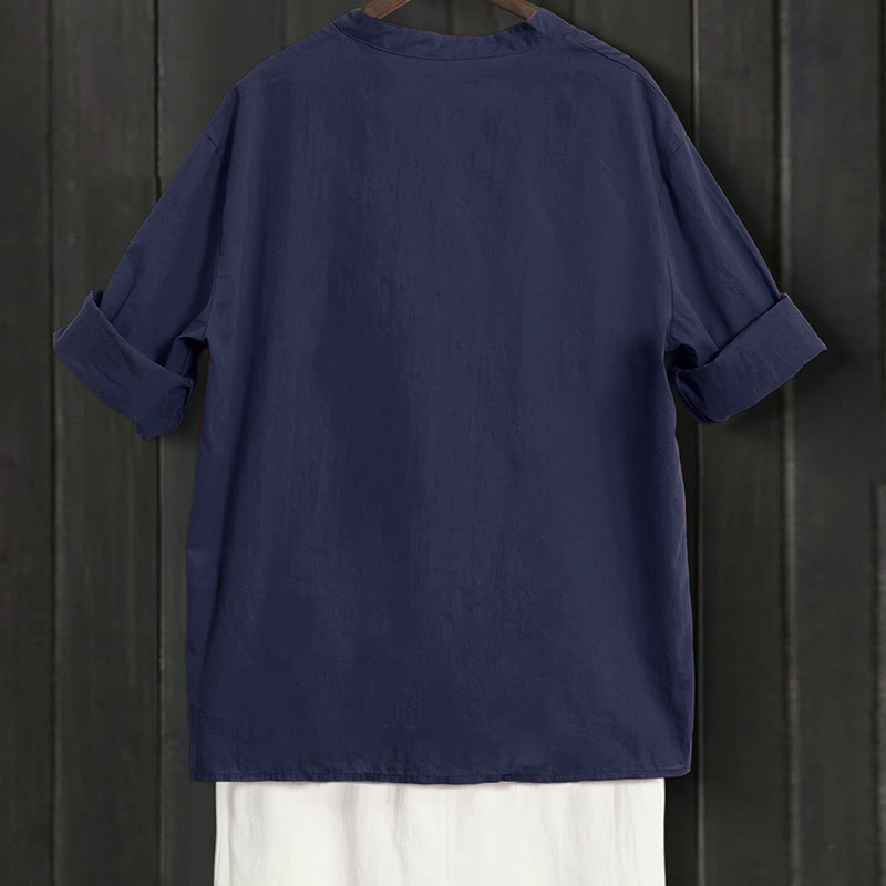 Buddha Stones Summer Casual Plain Breasted Notched Collar Short Sleeve Women's Cotton Linen Shirt - image 1