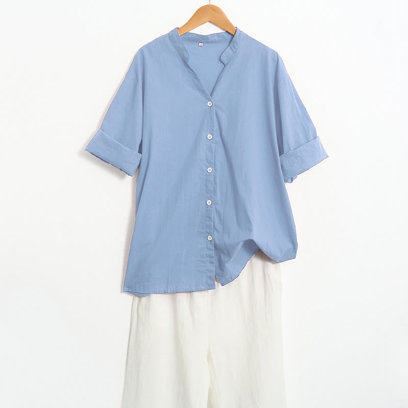 Buddha Stones Summer Casual Plain Breasted Notched Collar Short Sleeve Women's Cotton Linen Shirt - image 65