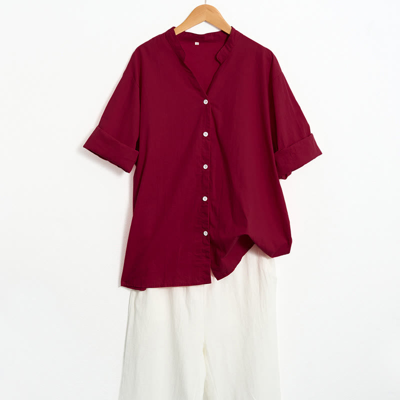 Buddha Stones Summer Casual Plain Breasted Notched Collar Short Sleeve Women's Cotton Linen Shirt - image 71