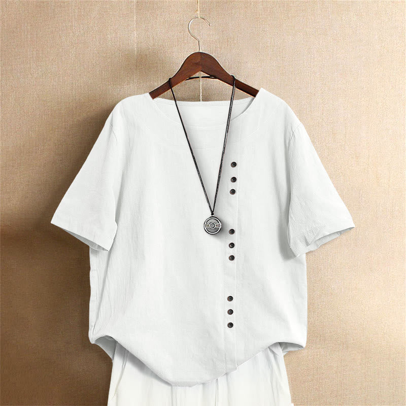 T-shirt décontracté à manches courtes pour femme Foviel, col rond, boutons et jacquard couleur unie, été